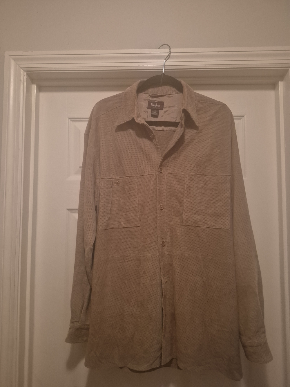 Vintage Neiman Markus 100% Brown Leather Suede Button Down Shirt Men's L